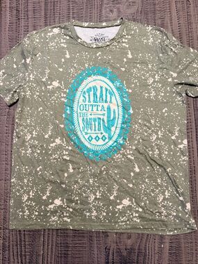 Crazy Train Olive Green Short Sleeve Bleached Tee with Teal and White Graphic
